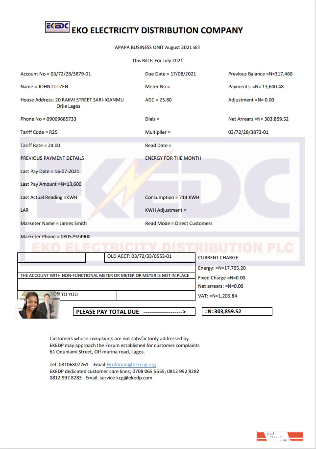Nigeria Eko Electricity Distribution Company (EKEDC) utility bill template in Word and PDF format